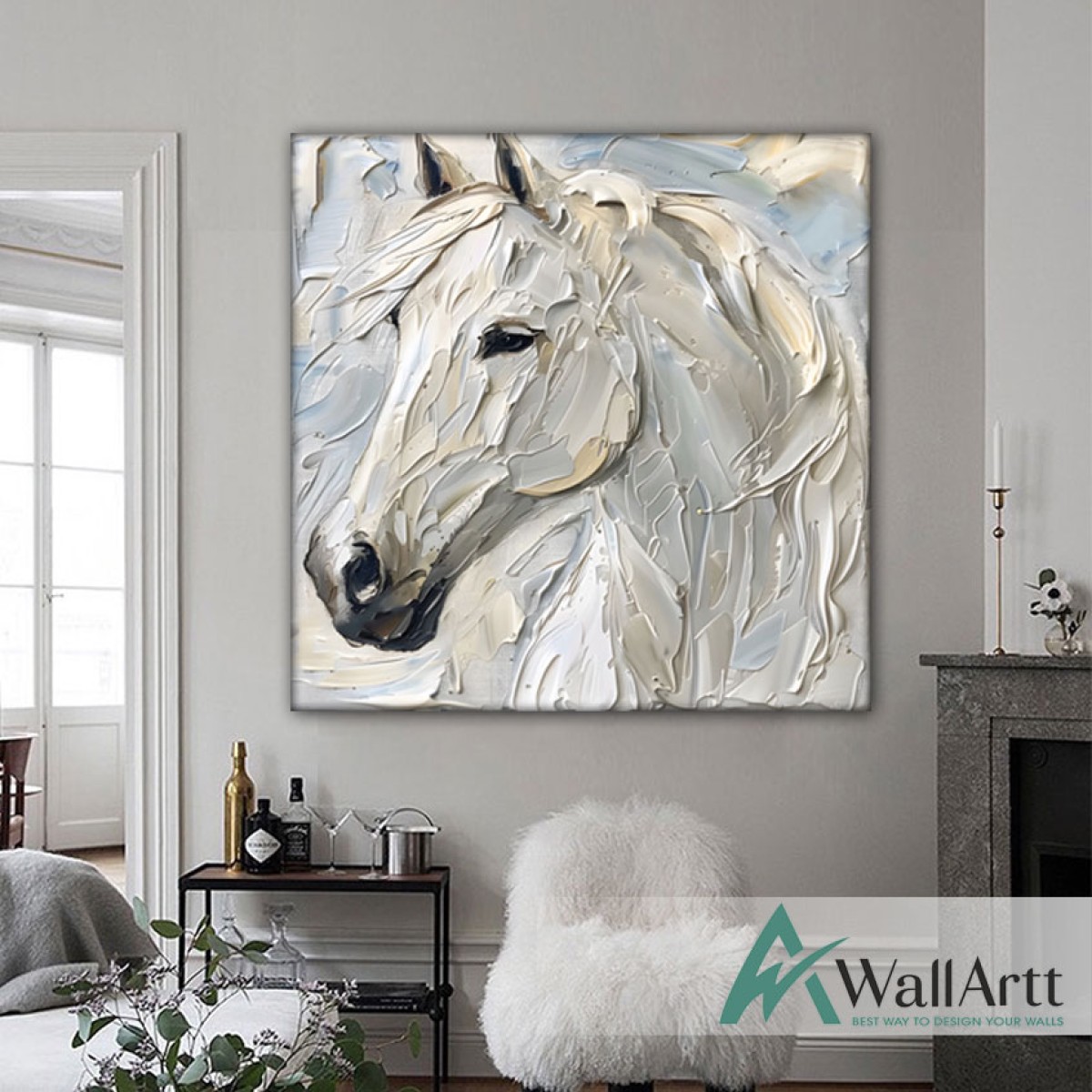 Abstract White Horse 3D Heavy Textured Partial Oil Painting - Wall Art